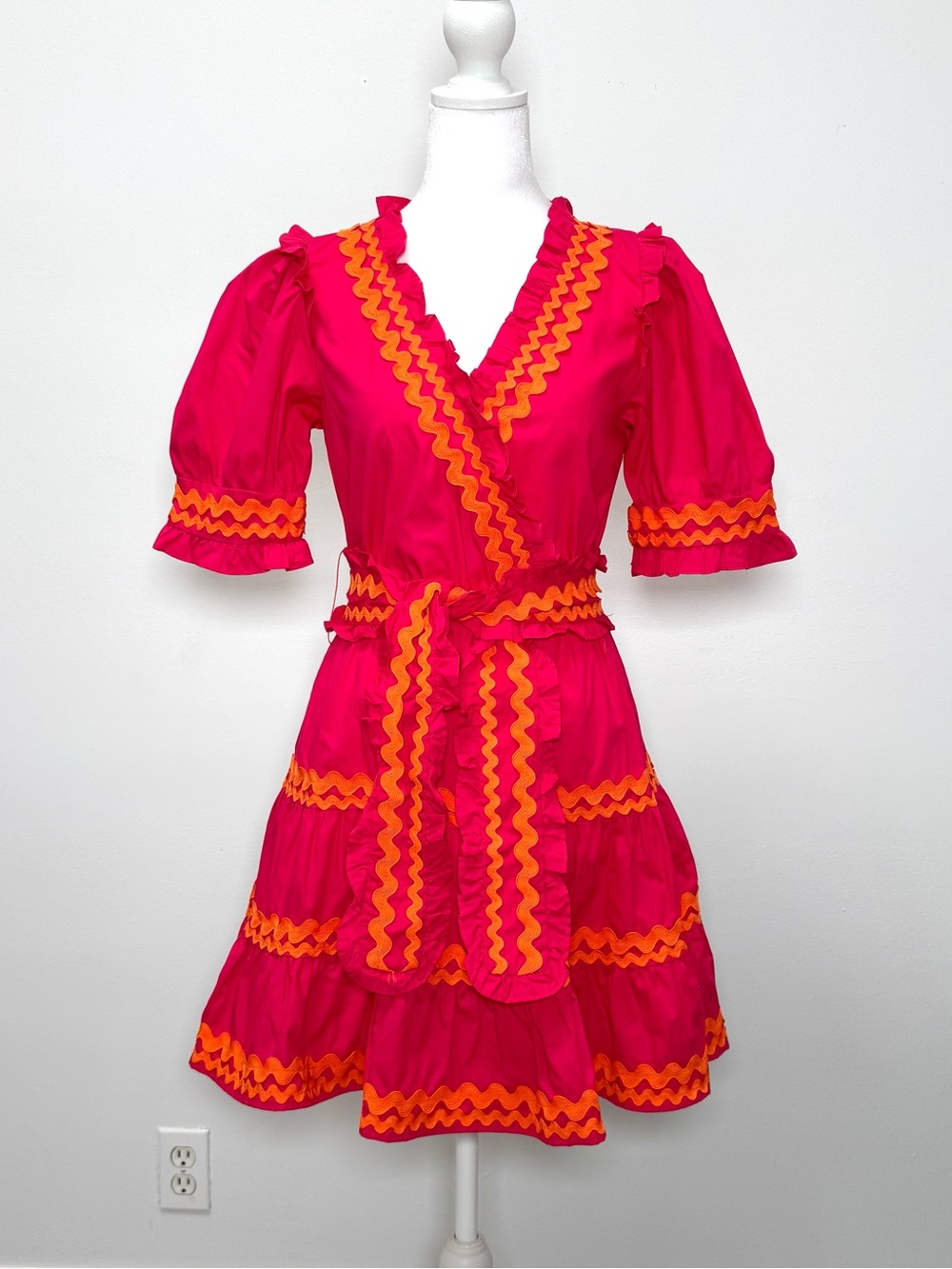 Sugarlips Coastal Faux Wrap Pink Rick Rack Puff Sleeve Mini Dress NWT XS Summer